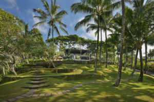 Lush Bali garden with steps leading up to the amphitheatre